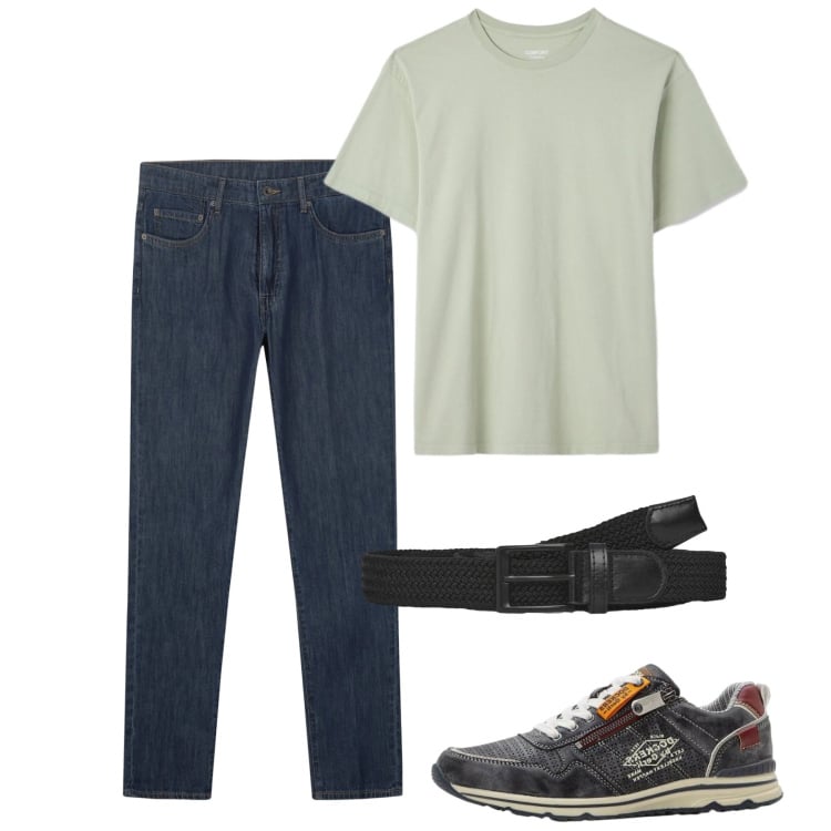 Outfit uomo - Maggio. Stile Casual per Tutti i giorni. Abbinamento con sneakers, cinture, t-shirt, jeans.