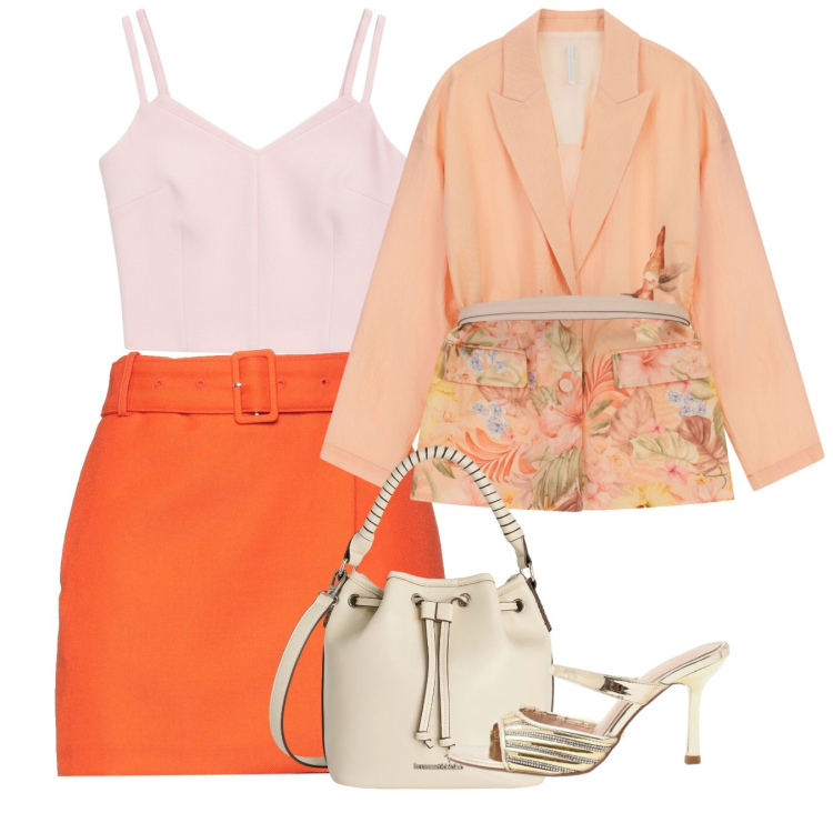 Outfit donna - Cerimonia orange. Stile Chic per Cerimonia. Abbinamento con minigonne, sabot, top, blazer, borse a secchiello.