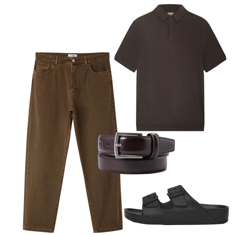 Outfit uomo - Weekend chocolat. Stile Casual per Tutti i giorni. Abbinamento con pantaloni, sandali, cinture, polo.