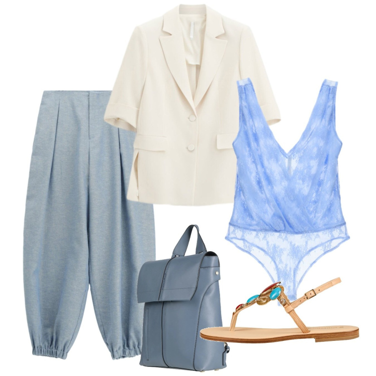 Outfit donna - Maggio balloons. Stile Bon Ton per Tutti i giorni. Abbinamento con zaini, infradito, top, blazer, pantaloni.