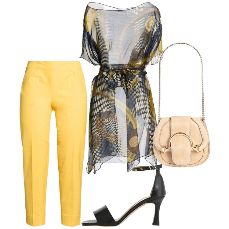 Outfit donna - Cerimonia in pantaloni. Stile Chic per Cerimonia. Abbinamento con top, pantaloni, marsupi, sandali col tacco.
