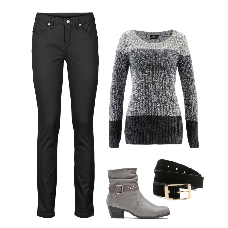 Outfit femme - Pull gris. Style Basique pour Tous les jours. Assortir avec bottines, pulls, jeans, ceintures.