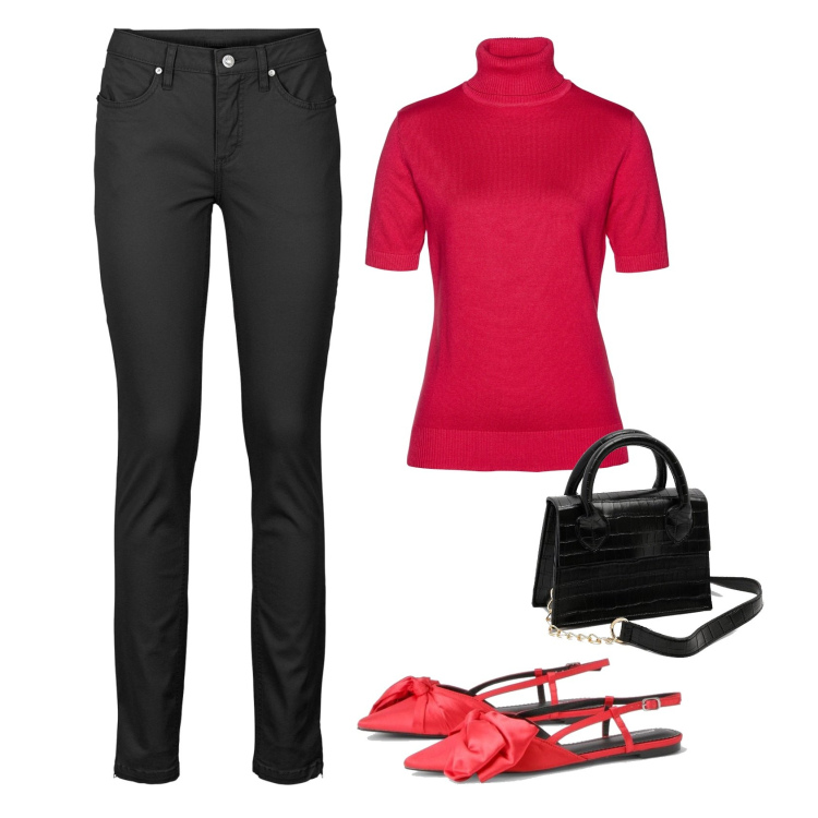Outfit femme - Rouge et noir. Style Glamour pour Tous les jours. Assortir avec pulls, jeans, sacs en bandoulière, ballerines.