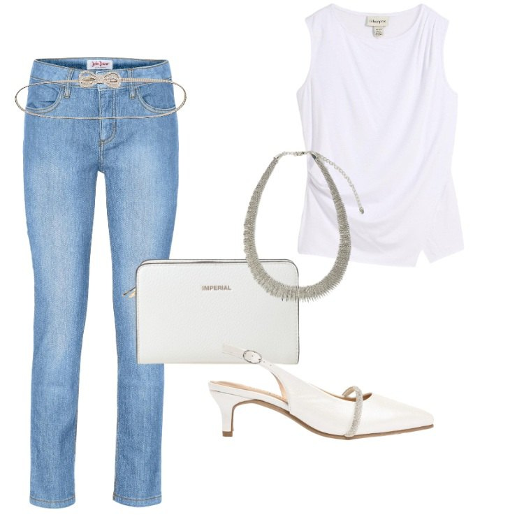 Outfit donna - Total look #2408720. Stile Sporty chic per Cerimonia. Abbinamento con top, jeans slim fit, décolleté, cinture, borse a tracolla, collane.