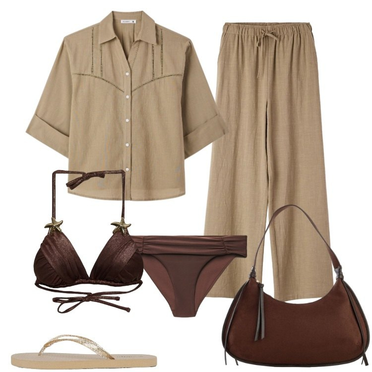 Outfit donna - Total look #2408724. Stile Boho per Mare. Abbinamento con borse a tracolla, bikini, camicie a manica corta, bikini, infradito, pantaloni.