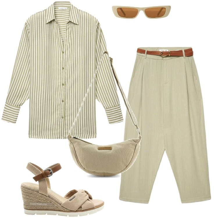 Outfit donna - Total look #2408726. Stile Boho per Serata fuori. Abbinamento con sandali col tacco, camicie, pantaloni chino, occhiali da sole, borse a tracolla.