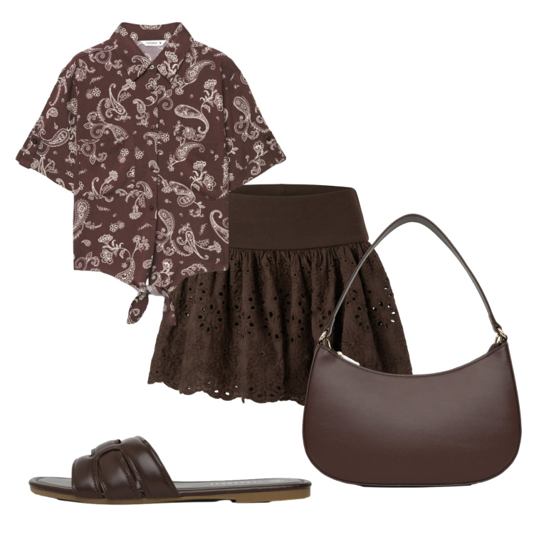 Outfit donna - Boho mood cacao. Stile Boho per Tutti i giorni. Abbinamento con camicie a manica corta, borse a tracolla, ciabatte, minigonne.