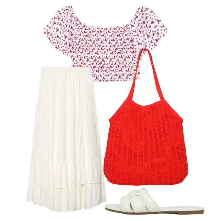 Outfit donna - Boho mood terranova. Stile Boho per Tutti i giorni. Abbinamento con gonne lunghe, bluse, ciabatte, shopping bag.