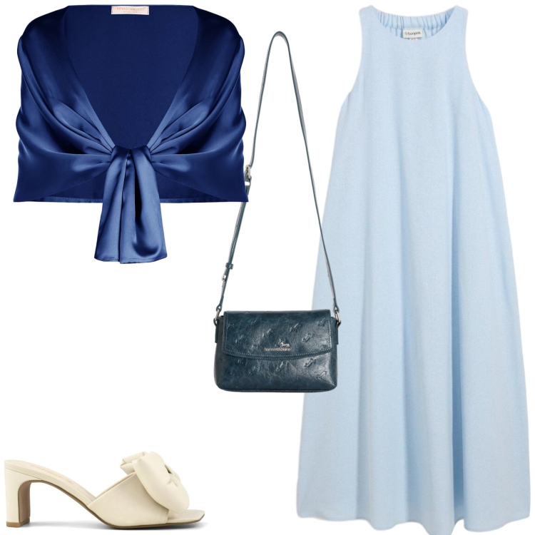 Outfit donna - Serata fuori. Stile Chic per Serata fuori. Abbinamento con vestiti midi/longuette, stole, borse a tracolla, sandali col tacco.
