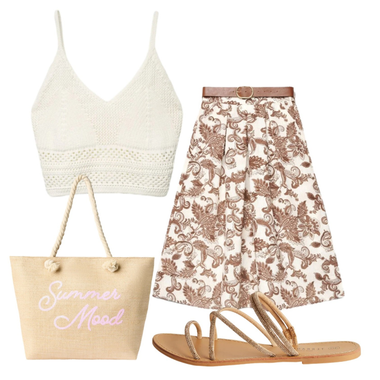 Outfit donna - Terranova- boho chic. Stile Boho per Tutti i giorni. Abbinamento con gonne lunghe, top, sandali, borse tote.