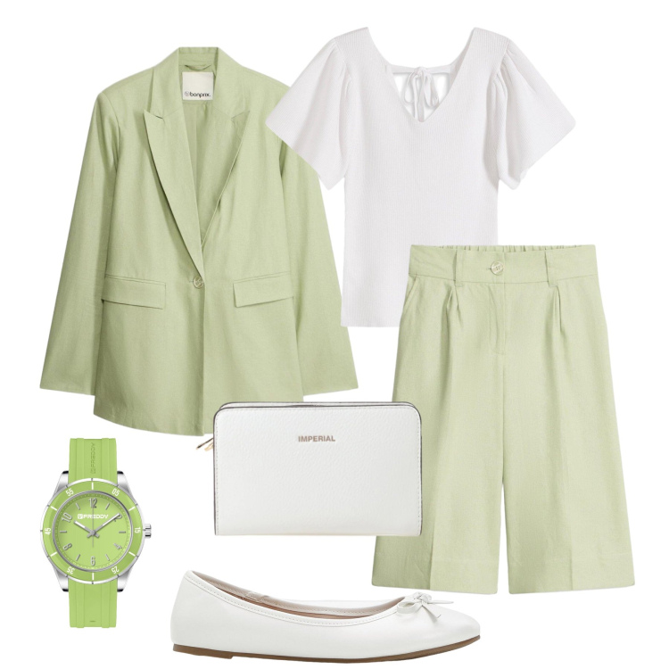 Outfit donna - Completo misto lino in ufficio. Stile Glamour per Ufficio. Abbinamento con blazer, ballerine, bluse, bermuda, borse a tracolla, orologi.