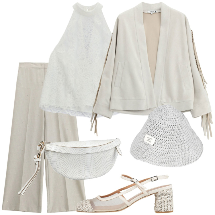 Outfit donna - Guarda che stile. Stile Glamour per Cerimonia. Abbinamento con décolleté, marsupi, cappelli con visiera, top, blazer, pantaloni a palazzo.