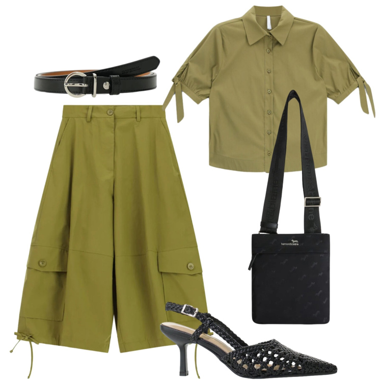 Outfit donna - Tendenza metropolitana. Stile Trendy per Tutti i giorni. Abbinamento con pantaloni a palazzo, décolleté, camicie a manica corta, cinture, borse a tracolla.