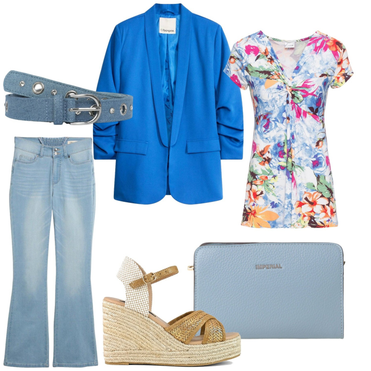 Outfit donna - Total look #2408740. Stile Casual chic per Ufficio. Abbinamento con bluse, blazer, jeans bootcut, cinture, borse a tracolla, zeppe.
