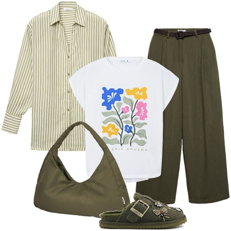Outfit donna - Total look #2408741. Stile Boho per Tutti i giorni. Abbinamento con t-shirt, pantaloni, camicie, borse a spalla, sabot.