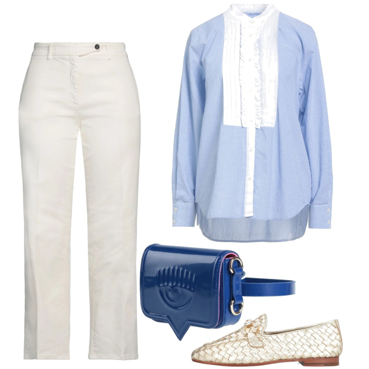 Outfit donna - Azzurro e bianco. Stile Mannish per Ufficio. Abbinamento con camicie, marsupi, mocassini, jeans dritti.