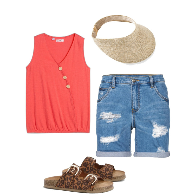 Outfit femme - Short denim. Style Ethnique pour Tous les jours. Assortir avec short, hauts, chapeaux avec visière, mules.
