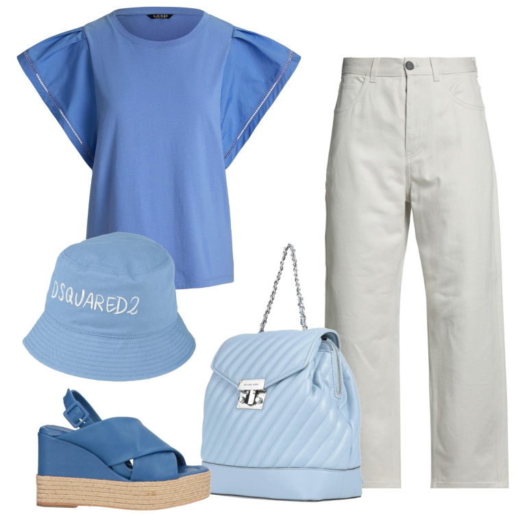 Outfit donna - Vicino al mare. Stile Casual per Tutti i giorni. Abbinamento con top, zaini, pantaloni, espadrillas, cappelli.