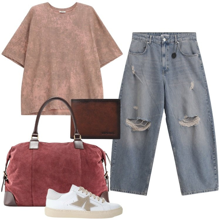 Outfit uomo - Total look #2408745. Stile Urban per Tutti i giorni. Abbinamento con jeans strappati, portafogli, sneakers, t-shirt, borse sportive.