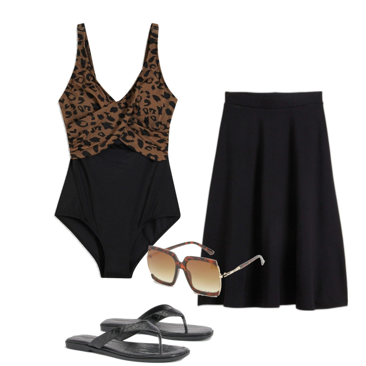 Outfit femme - Léopard plage. Style Ethnique pour Plage. Assortir avec maillots de bain, jupes longues, lunettes de soleil, tong.