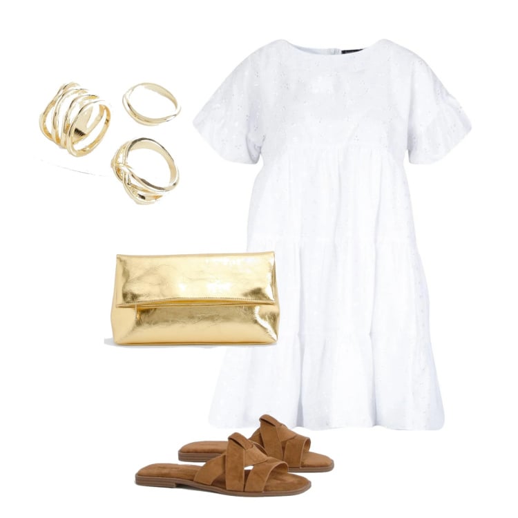 Outfit femme - Robe blanche. Style Casual chic pour Tous les jours. Assortir avec bagues, combinaisons, pochette, mules.