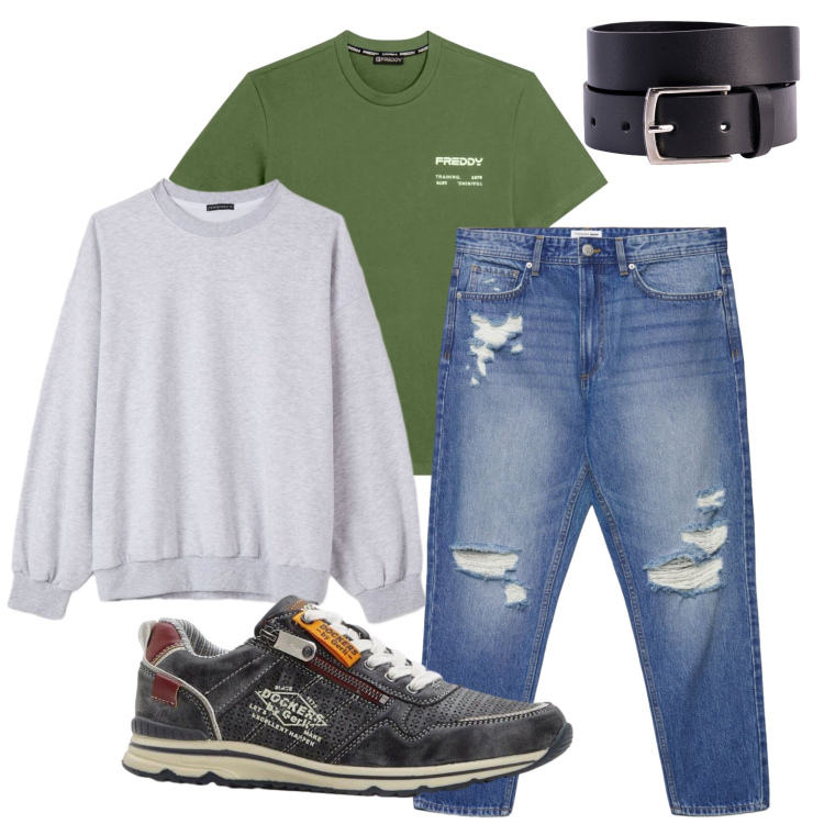 Outfit uomo - Total look #2408767. Stile Casual per Ufficio. Abbinamento con sneakers, felpe, jeans strappati, t-shirt, cinture.