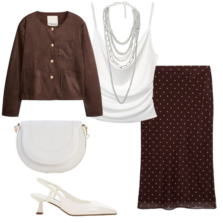 Outfit donna - Total look #2408770. Stile Chic per Ufficio. Abbinamento con blazer, décolleté, borse a tracolla, canottiere, gonne lunghe, collane.