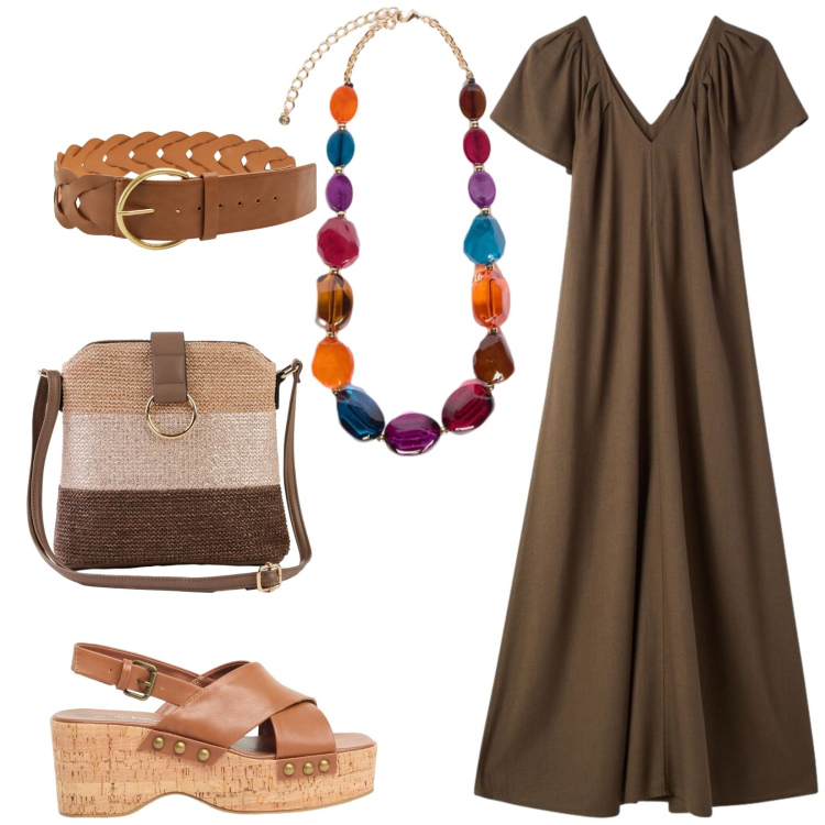 Outfit donna - Total look #2408772. Stile Etnico per Tutti i giorni. Abbinamento con borse a tracolla, zeppe, cinture, vestiti lunghi, collane.