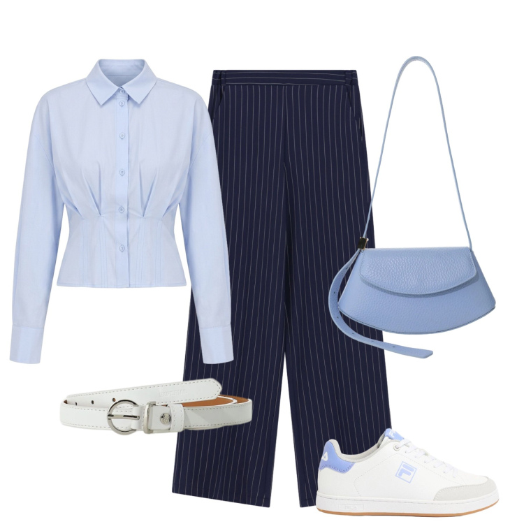 Outfit donna - Per l’ufficio. Stile Casual chic per Ufficio. Abbinamento con sneakers, camicie, pantaloni a palazzo, cinture, borse a spalla.