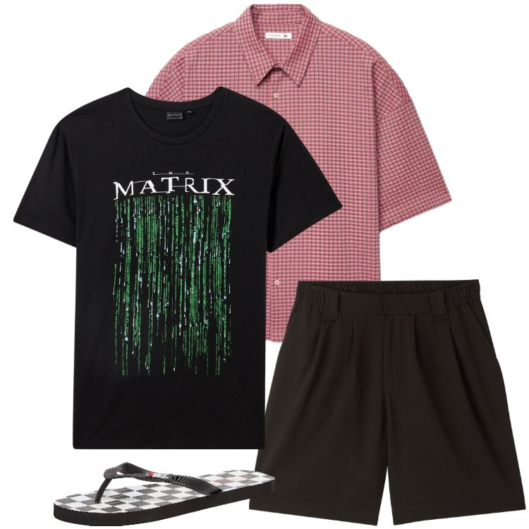 Outfit uomo - Total look #2408778. Stile Trendy per Serata speciale. Abbinamento con sandali, t-shirt, pantaloni corti, camicie a manica corta.