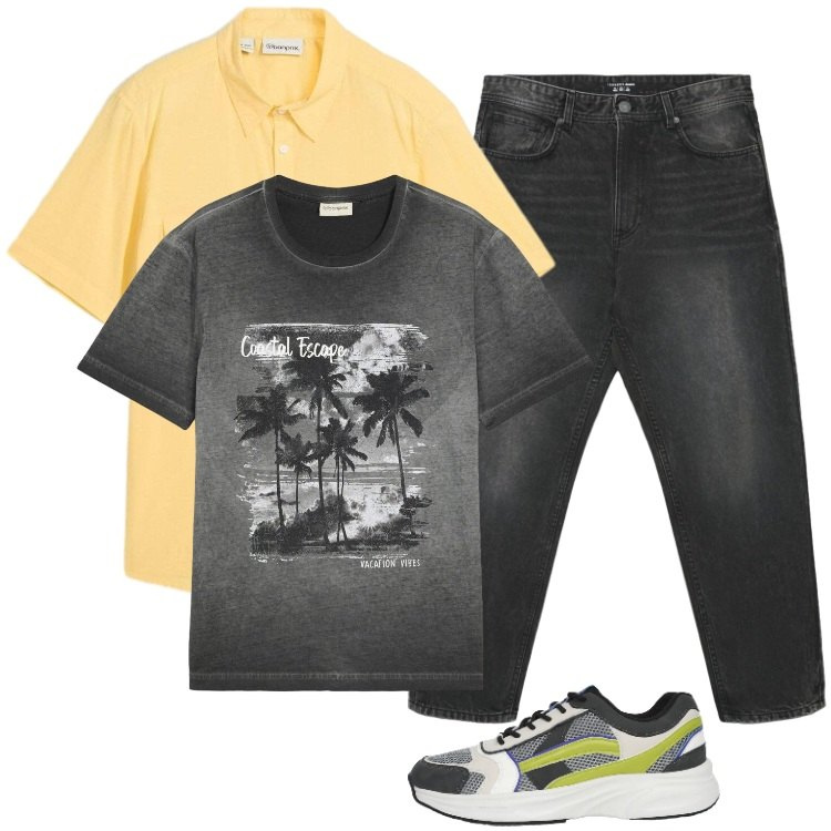 Outfit uomo - Total look #2408779. Stile Urban per Tutti i giorni. Abbinamento con camicie a manica corta, t-shirt, sneakers, jeans.