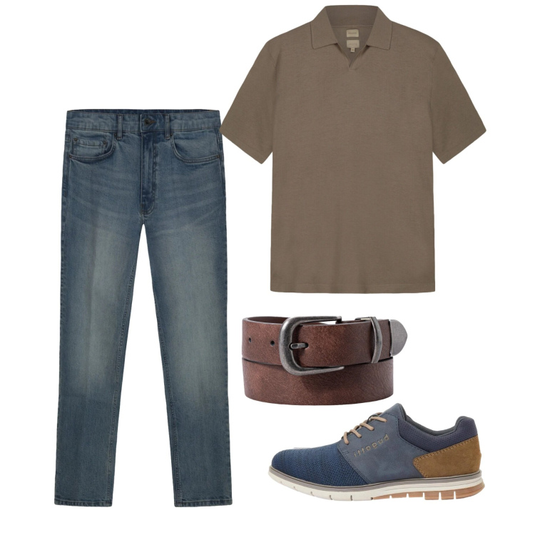 Outfit uomo - Maggio. Stile Casual per Tutti i giorni. Abbinamento con scarpe stringate, cinture, polo, jeans.