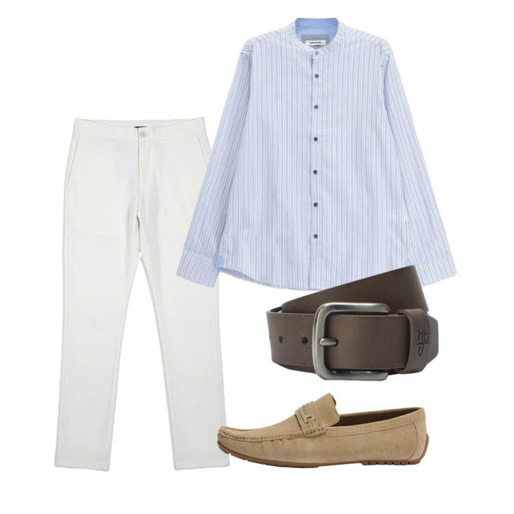 Outfit uomo - Verso l’estate. Stile Casual per Tutti i giorni. Abbinamento con camicie, scarpe stringate, cinture, pantaloni.