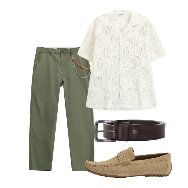 Outfit uomo - Maggio delicato. Stile Casual per Tutti i giorni. Abbinamento con camicie a manica corta, pantaloni, cinture, scarpe stringate.