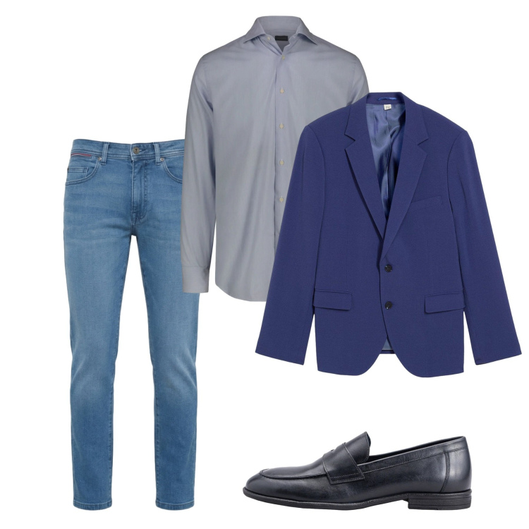 Outfit uomo - Pomeriggio in giro. Stile Casual per Tutti i giorni. Abbinamento con giacche, jeans slim fit, camicie, scarpe stringate.