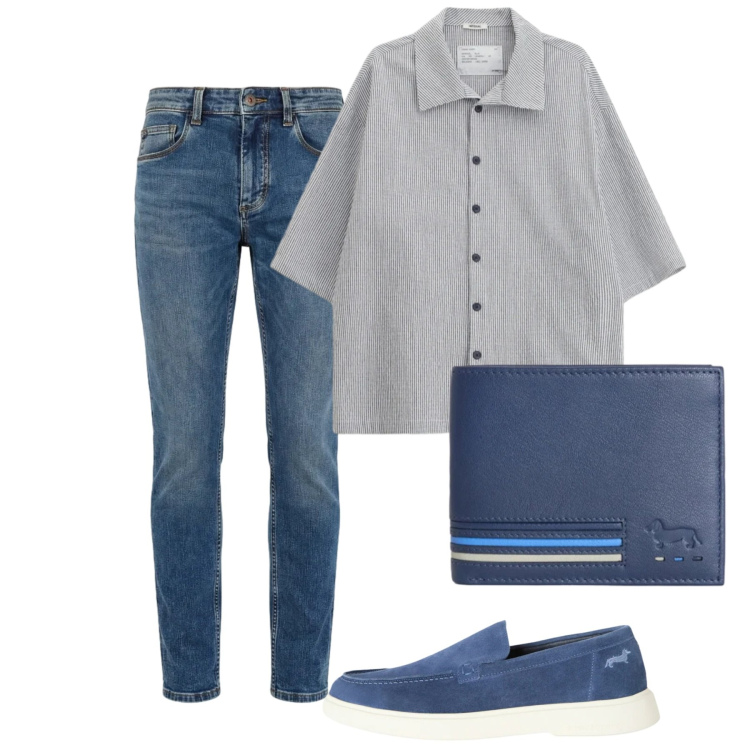 Outfit uomo - Maggio. Stile Casual per Tutti i giorni. Abbinamento con camicie a manica corta, portafogli, jeans slim fit, scarpe stringate.