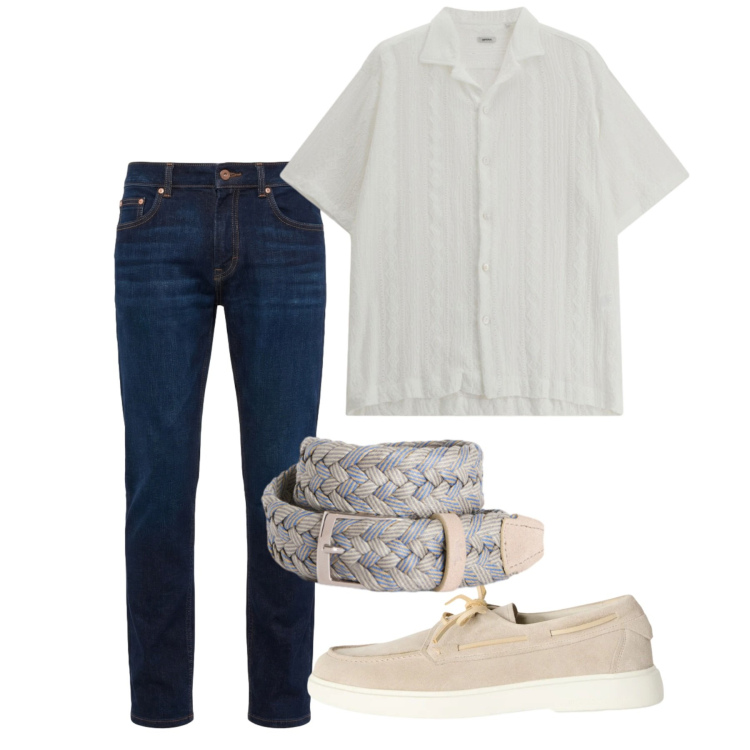 Outfit uomo - Sincronie. Stile Casual per Tutti i giorni. Abbinamento con camicie a manica corta, scarpe stringate, jeans, cinture.
