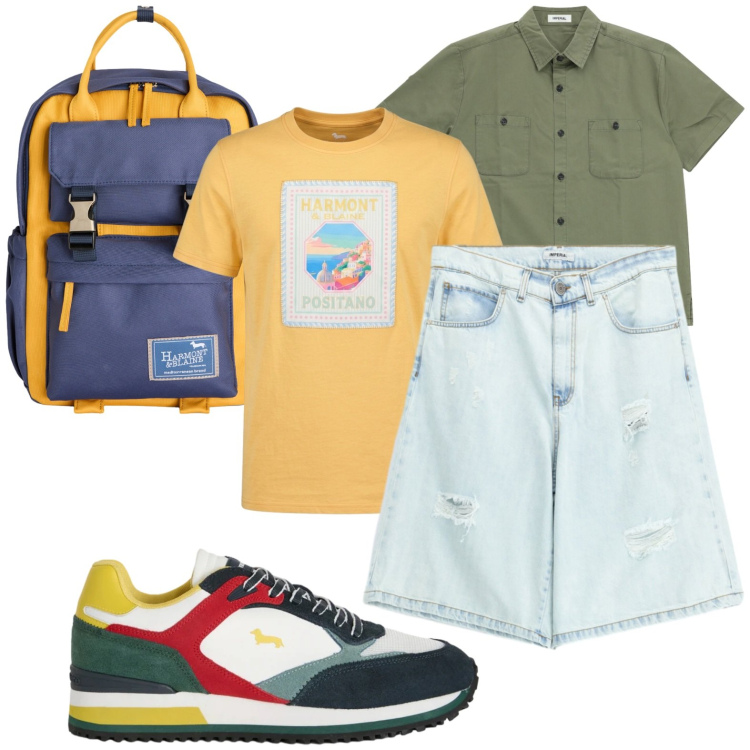 Outfit uomo - Relaxed. Stile Casual per Tutti i giorni. Abbinamento con bermuda, camicie a manica corta, sneakers, borse sportive, t-shirt.