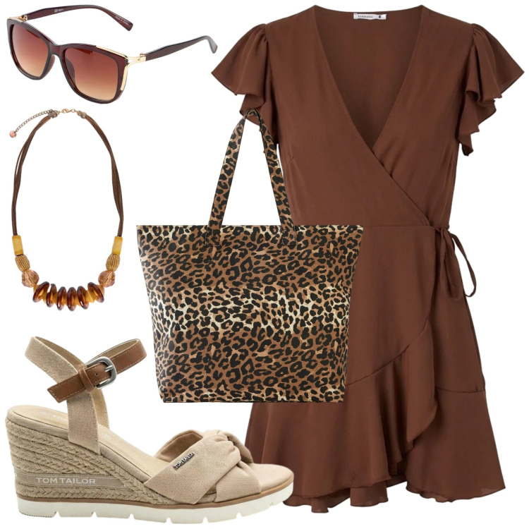 Outfit donna - Safari Urbano Chic. Stile Casual chic per Tutti i giorni. Abbinamento con sandali col tacco, shopping bag, occhiali da sole, orecchini, vestiti corti, collane.