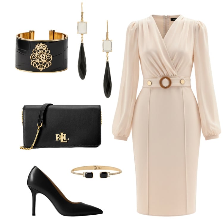 Outfit donna - Nero e oro. Stile Chic per Cerimonia. Abbinamento con vestiti a tubino, borse a mano, décolleté, orecchini, braccialetti, braccialetti.