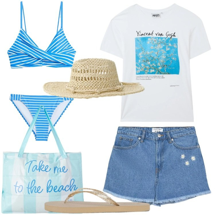 Outfit donna - Al mare. Stile Casual per Mare. Abbinamento con bikini, shorts, t-shirt, borse tote, infradito, cappelli.