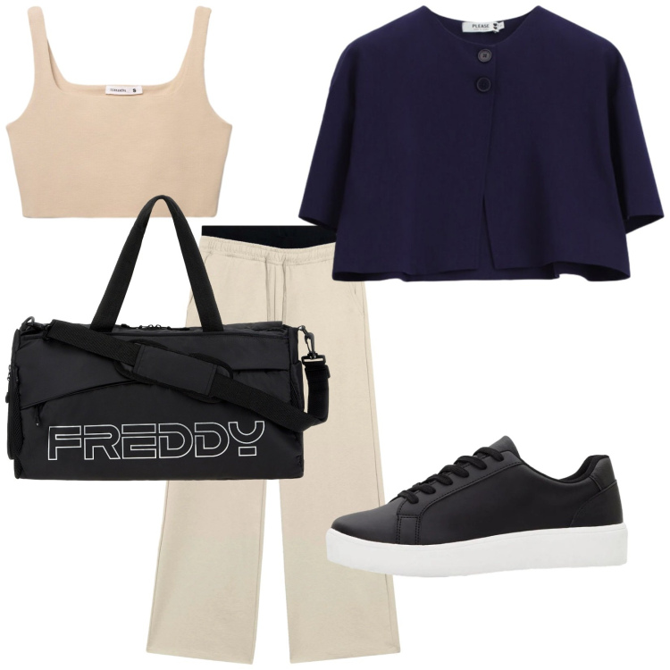 Outfit donna - In palestra. Stile Casual per Sport. Abbinamento con sneakers, canottiere, cappotti, borse sportive, pantaloni.