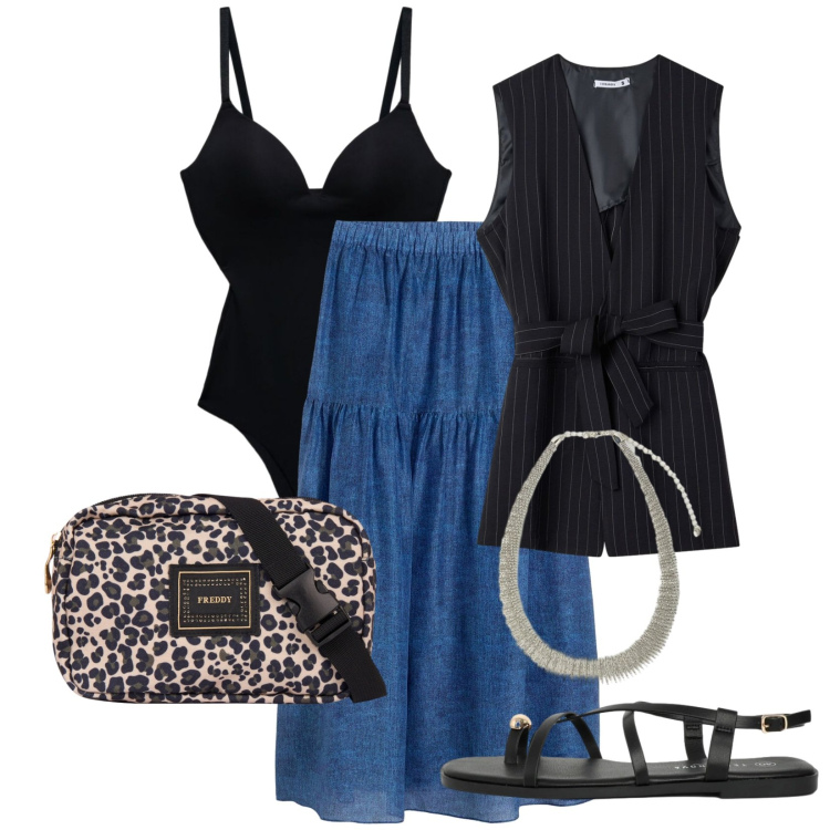 Outfit donna - Total look #2408869. Stile Casual per Serata fuori. Abbinamento con gonne lunghe, gilet, body, sandali, marsupi, collane.