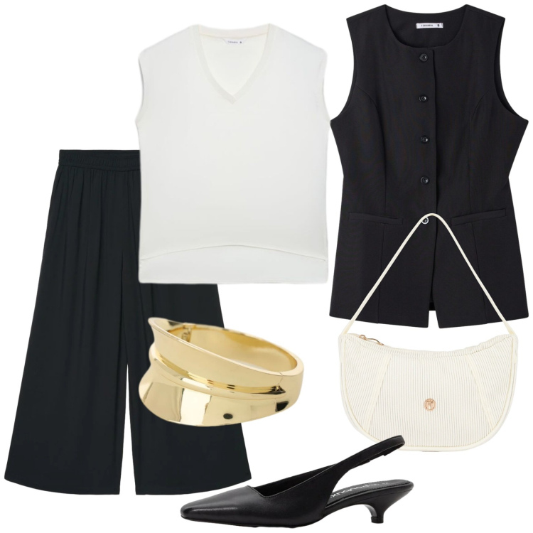 Outfit donna - Total look #2408872. Stile Casual chic per Ufficio. Abbinamento con décolleté, pantaloni a palazzo, gilet, top, braccialetti, borse a mano.