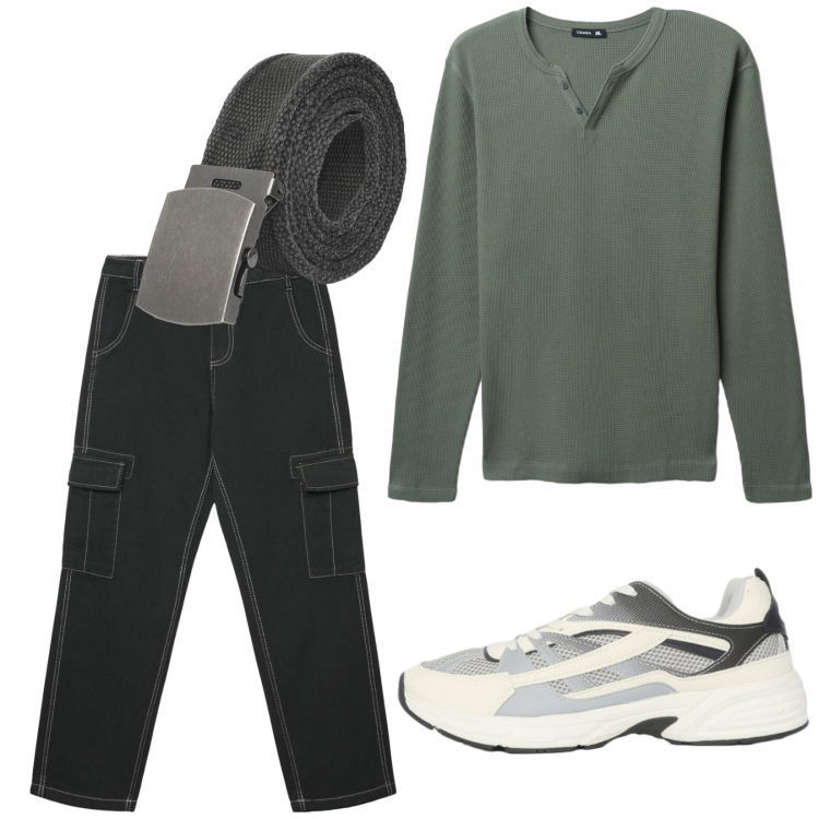 Outfit uomo - Total look #2408873. Stile Urban per Tutti i giorni. Abbinamento con pantaloni cargo, cinture, t-shirt, sneakers.