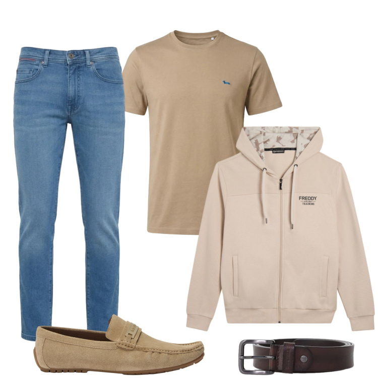 Outfit uomo - Total look #2408876. Stile Casual per Ufficio. Abbinamento con cinture, t-shirt, scarpe stringate, jeans slim fit, felpe con cappuccio.