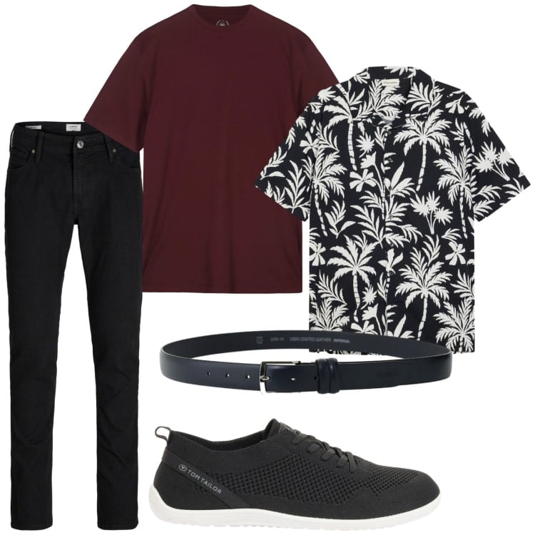 Outfit uomo - Total look #2408877. Stile Trendy per Tutti i giorni. Abbinamento con jeans slim fit, camicie a manica corta, sneakers, cinture, t-shirt.