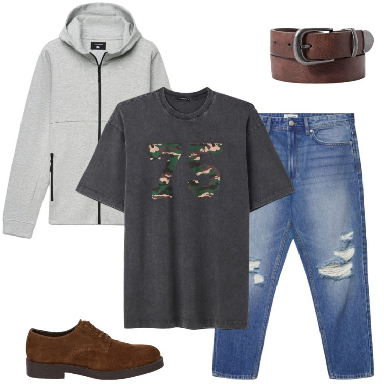 Outfit uomo - Total look #2408878. Stile Casual per Tutti i giorni. Abbinamento con felpe con cappuccio, t-shirt, jeans strappati, scarpe stringate, cinture.