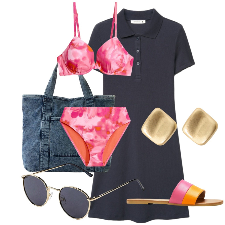 Outfit donna - Total look #2408891. Stile Casual chic per Mare. Abbinamento con ciabatte, bikini, occhiali da sole, shopping bag, vestiti corti, orecchini.