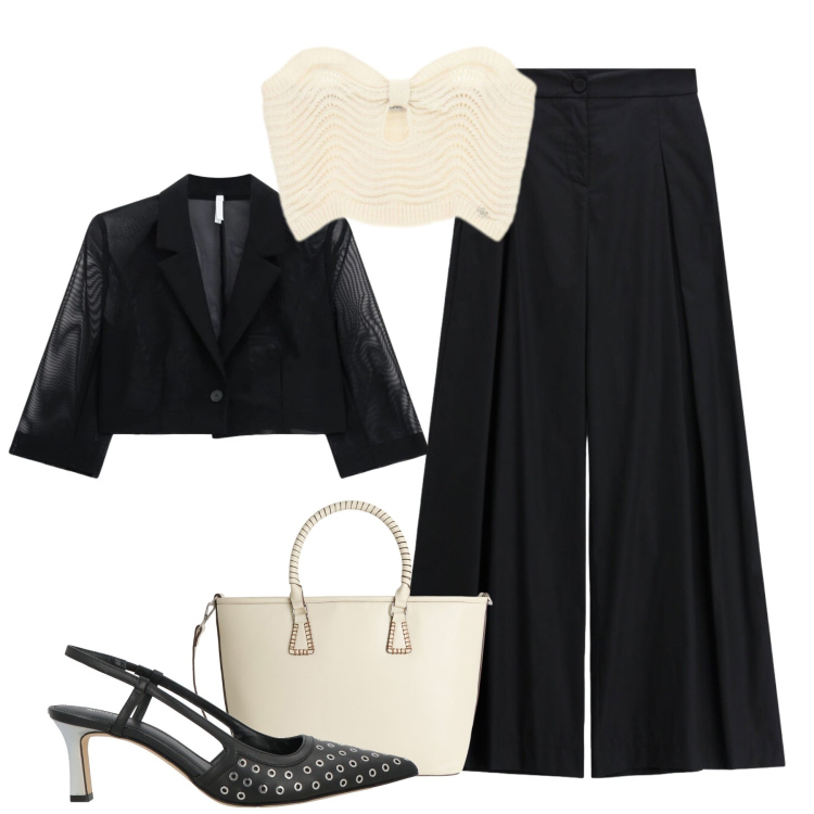 Outfit donna - Serata. Stile Chic per Serata fuori. Abbinamento con décolleté, shopping bag, blazer, pantaloni a palazzo, top.